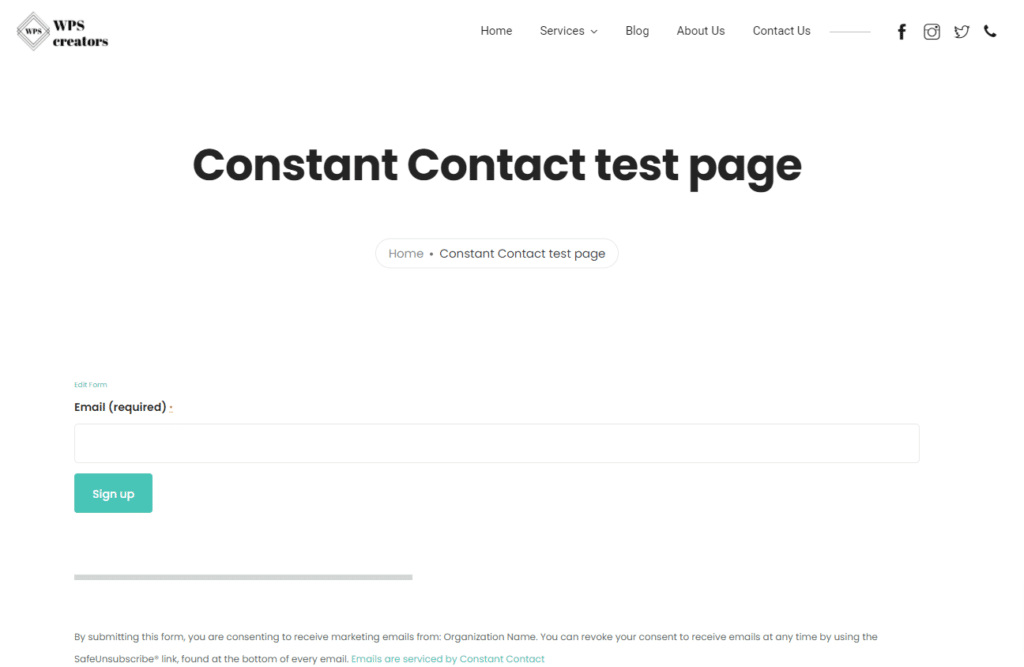 Constant contact subscribe page